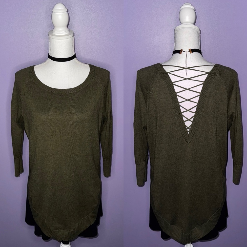 Express Olive Green 3/4 Sleeve Lace Up Back Sweater